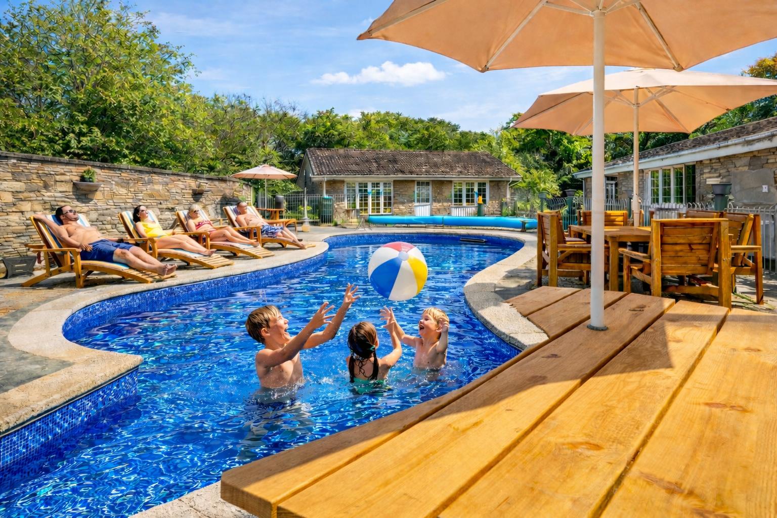 Heated outdoor swimming pool at Granite Henge guest playing