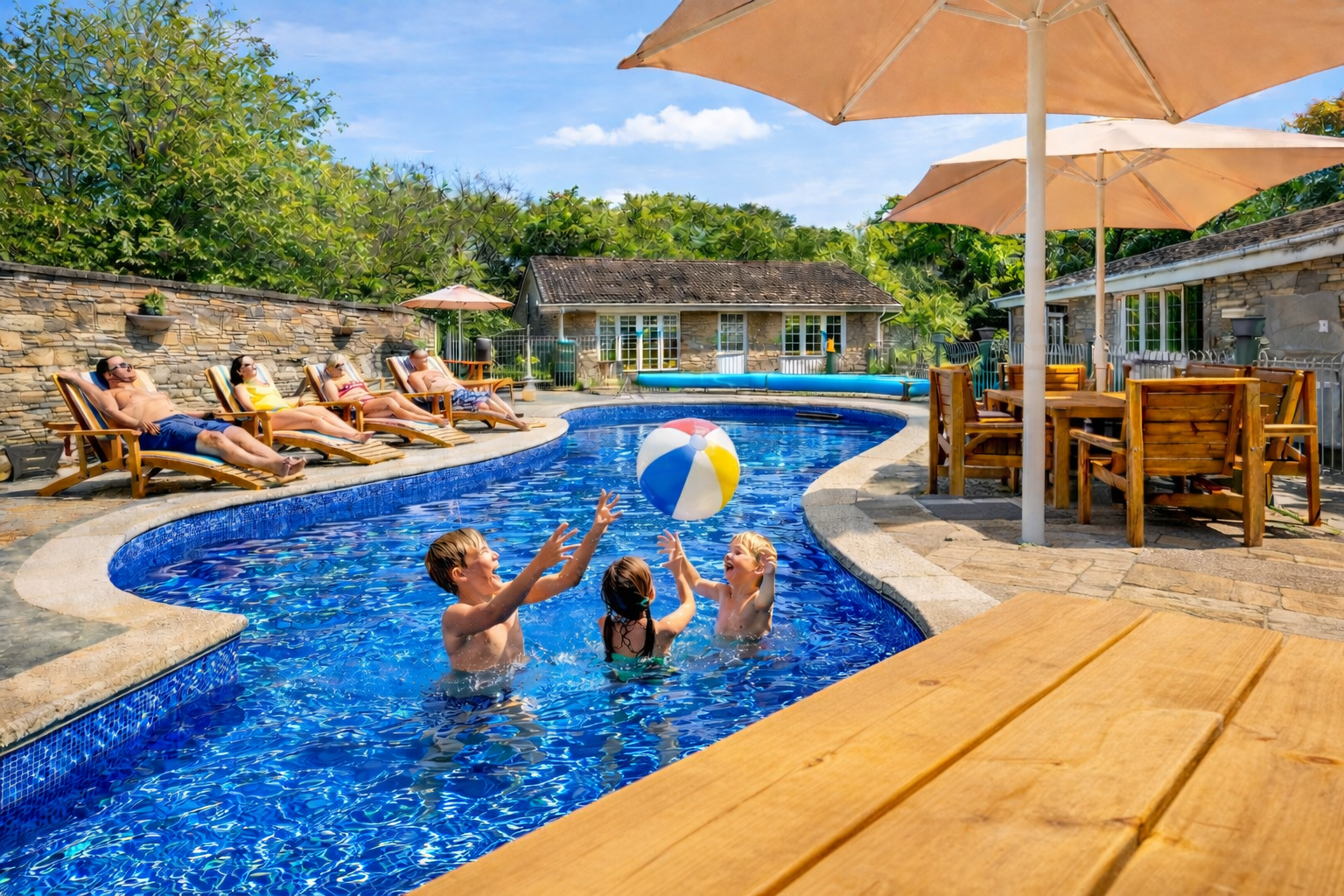 Heated outdoor swimming pool at Granite Henge guest playing